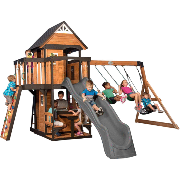 Canyon Creek All Cedar Swing Set Playset w/ Rockwall Upper Fort Belt Swings Web Swing Gray Wave Slide, and Play Kitchen