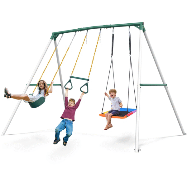 9.5' Heavy Duty Metal Swing Set with Belt Swing, Trapeze Bar