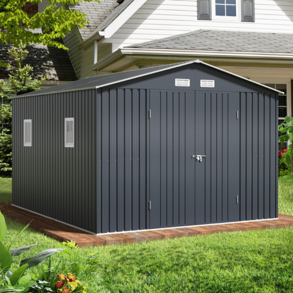 10 ft. W x 14 ft. D Outdoor Metal Shed Storage with Updated Frame Structure and Lockable Doors, White (140 Sq. Ft）