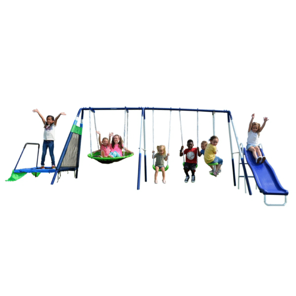 Sportspower Mountain View Metal Swing Set with Glide Ride, Saucer, Trampoline